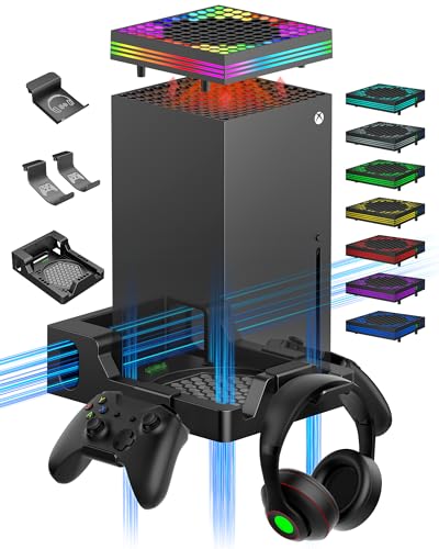 Wall Mount with RGB Cooling Fan for Xbox Series X, Wall Mount kit with 4 Controller Holders and 2 Headset Stands