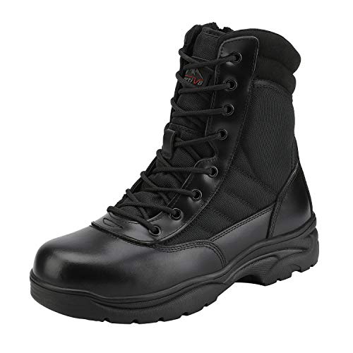 NORTIV 8 Mens Military Tactical Work Boots Side Zipper Leather Outdoor 8 Inches Motorcycle Combat Boots Size 14 Wide US Trooper-W, Black-8 Inches
