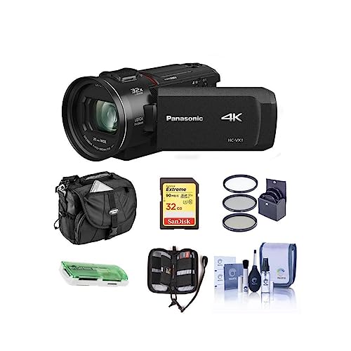 Panasonic HC-VX1K 4K UHD Camcorder, 24x LEICA DICOMAR Lens, HDR Mode, Wireless Multi-Camera Capture, Bundle with Cam Bag + 62mm Filter Kit + 32GB SD Card + Cleaning Kit + Memory Wallet + Cardreader