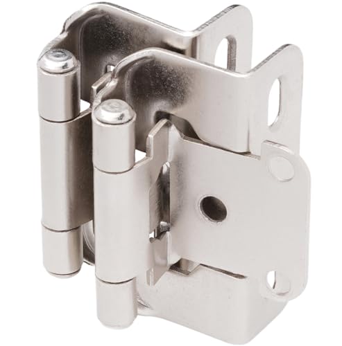 DecoBasics Brushed Nickel Cabinet Hinges for Kitchen Cabinets (25 Pair-50 Pcs) -1/2' Overlay Partial Wrap Around Self Closing Door Hinges for Face Frame w/Screw & Bumper