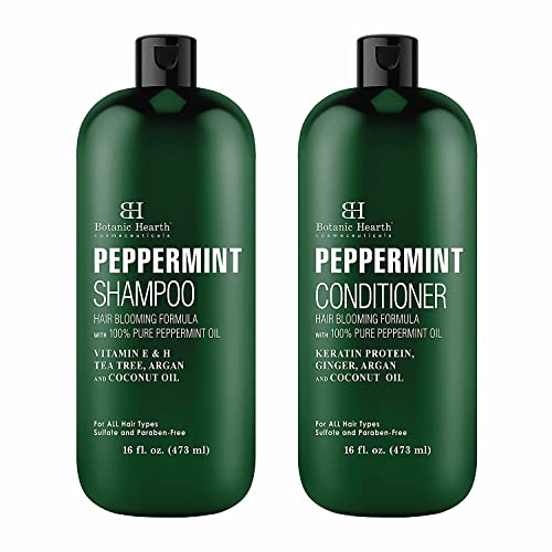 BOTANIC HEARTH Peppermint Oil Shampoo and Conditioner Set - Hair Blooming Formula with Keratin - Fights Hair Loss & Thinning, Promotes Hair Growth-Sulfate Free for Men and Women - 16 fl oz x 2