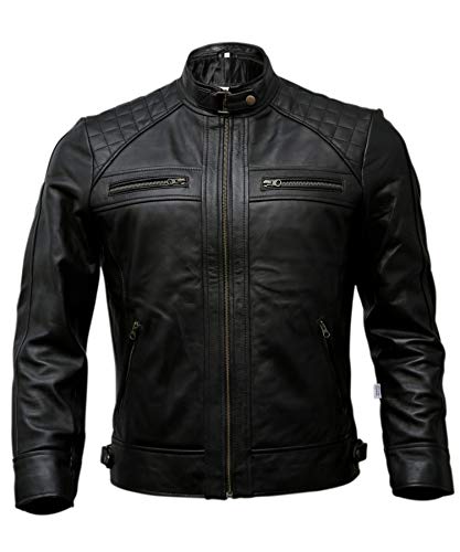Mens Genuine Leather Biker Jacket Black | Vintage Brown Distressed Lambskin Motorcycle Jackets for Men (Black, X-Large)
