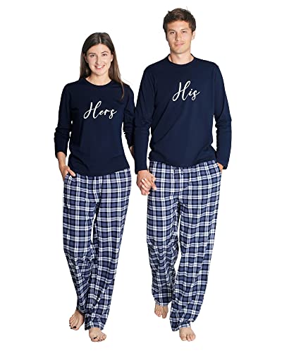 AW BRIDAL Matching Pajamas for Couples, Long Sleeve and Pants Sleepwear Nightwear 100% Cotton Soft Pj Lounge Sets, Navy M Hers - L His