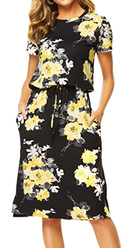 Womens Summer Teacher Loose Fit Casual Midi Knee Length Dress Floral Black M