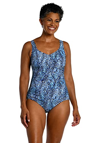 Maxine Of Hollywood Women's Standard Side Shirred Girl Leg One Piece Swimsuit, Black//Tidal Wave, 16