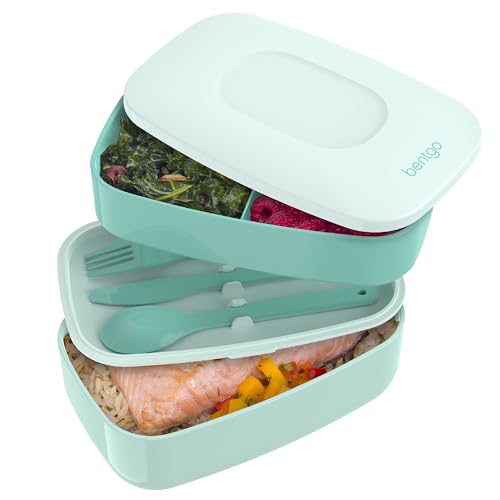 Bentgo Classic - Adult Bento Box, All-in-One Stackable Lunch Box Container with 3 Compartments, Plastic Utensils, and Nylon Sealing Strap, BPA Free Food Container (Coastal Aqua)