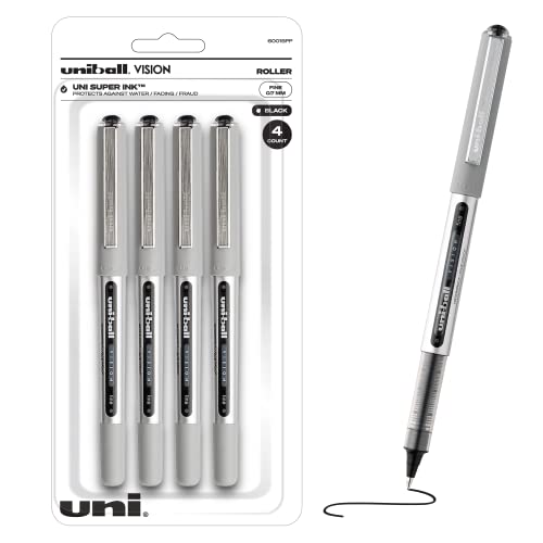 Uniball Vision Rollerball Black Pens, Fine Point Journaling Pens with 0.7mm Medium Black Ink, Ink Black Pen, Smooth Writing Japanese Pens, Office Supplies, 4 Count (Pack of 1)