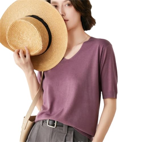 Dvbfufv Summer Cashmere Wool Blended Sweater Spring Women Solid Short Sleeve V-Neck Pullovers Knitted Sweaters Purple