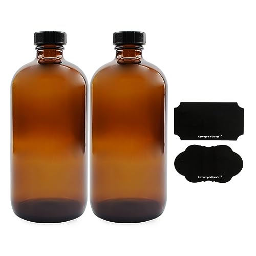 Cornucopia 16oz Amber Glass Bottles with Reusable Chalk Labels and Lids (2 Pack), Refillable Brown Boston Round Bottles, with Black 28-400 Caps