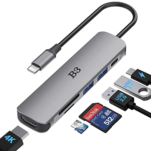 B3 BIGTHREE USB C to 4K HDMI Adapter for MacBook Pro Air, 6 in 1 USB-C Digital AV Multiport Dongle Adaptor with USB3.0&2.0/SD/TF Card Reader Slot Port for Mac M3 M2 M1 iPad Pro&Other Type C Devices