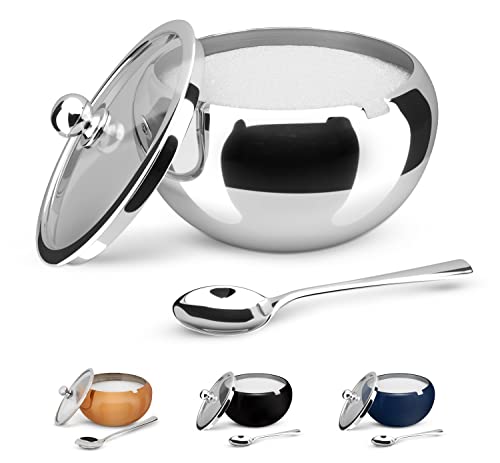 KooK Sugar Container, Sugar Bowl, Sugar Bowl with Lid and Spoon, Stainless Steel, Serving Dish, Storage for Salt, Candy, Coffee, Holds 2 Cups, Dishwasher Safe, 16 Oz Stainless Steel