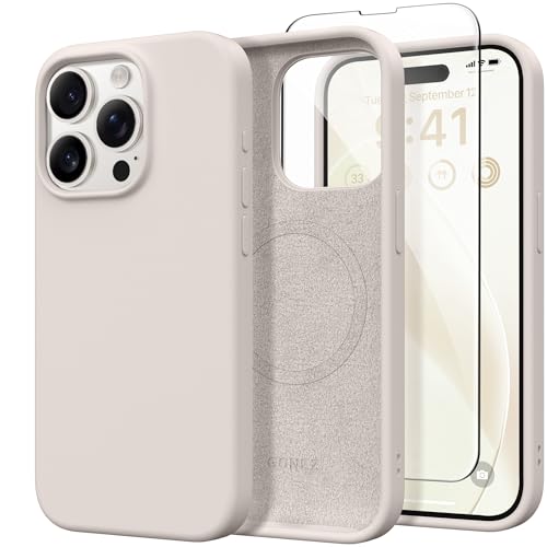GONEZ for iPhone 15 Pro Max Case Silicone, Compatible with Magsafe, 2X Camera Protector + 2X Screen Protector, Soft Anti-Scratch Microfiber Lining, Liquid Silicone Shockproof Phone Cover, Stone