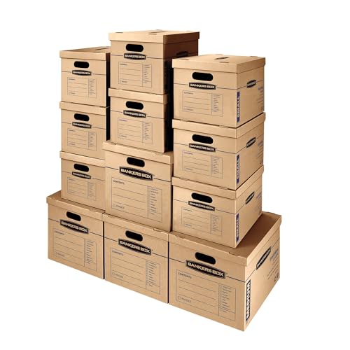 Bankers Box 12 Pack Kit, Classic Moving Boxes, 8 Small and 4 Medium Tape-Free with Reinforced Handles