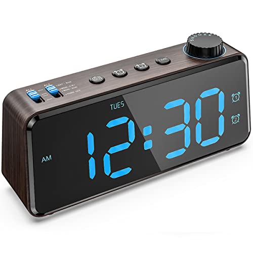 ANJANK Digital Alarm Clock with Large LED Display, Dual Alarms, USB Charging, FM Radio with Sleep Timer, Easy to Set, Blue