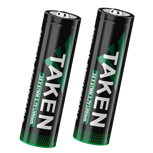 Taken 3.7V Rechargeable Batteries 3000mAh 2 Pack Lithium Battery Button Top for Flashlights, Headlamps, Doorbells, Toys