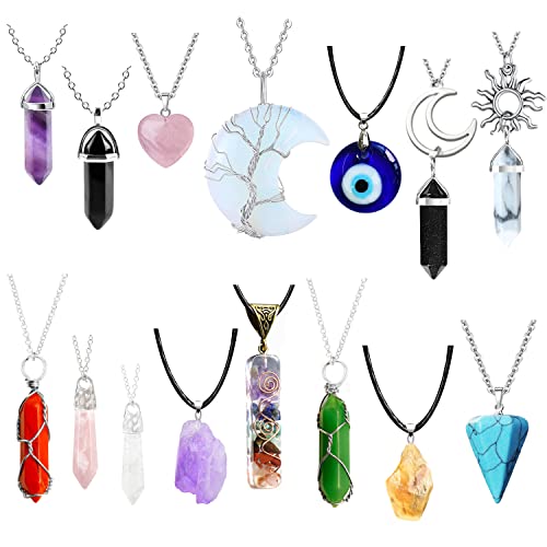 Mlurcu Crystal Necklace 15 PCS Crystal Pendants Jewelry Charms Healing Energy Gemstones Necklaces Quartz Chakra Obsidian Carnelian Evil Eye Heart Amethyst Chains Crystals