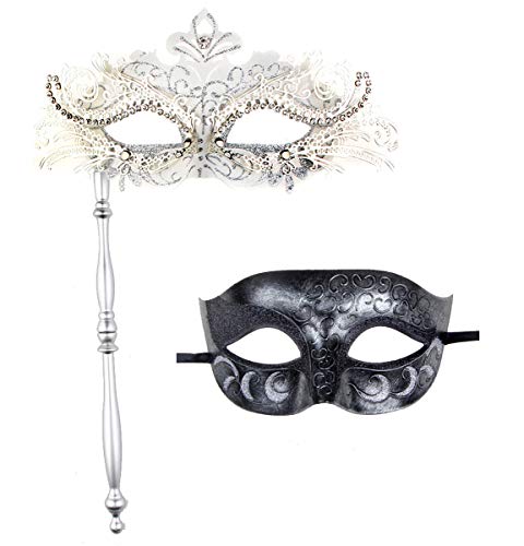 IETANG One Pair Couple's Gorgeous Venetian Masquerade Masks Party Costumes Accessory (on Stick-white)