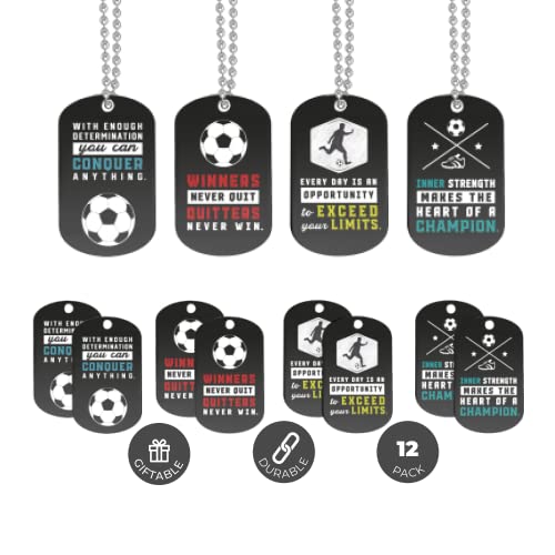 Inkstone Soccer Dogtag Necklaces | Motivational 'Winners Never Quit, Quitters Never Win' | (12 Pack) | Encouraging Gift for Students, Teams, Players
