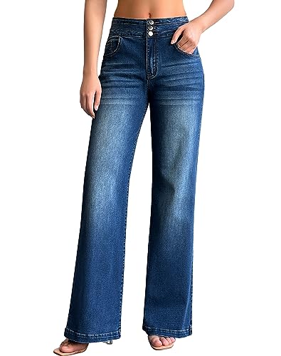roswear Women’s Wide Leg Jeans Casual High Waisted Stretch Baggy Loose Denim Pants Blue Large
