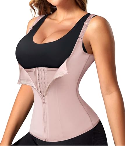 Nebility Women Waist Trainer Corset Zipper Vest Body Shaper Cincher Tank Top with Adjustable Straps (XL, Beige)