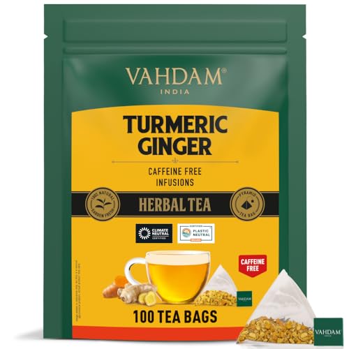 VAHDAM, Turmeric Ginger Herbal Tea Bags (100 Pyramid Tea Bags) Caffeine Free, Non GMO, Gluten Free | 100% Pure Herbal Blend - Savory & Spicy | Plant-Based Tea Bags | Resealable Ziplock Pouch