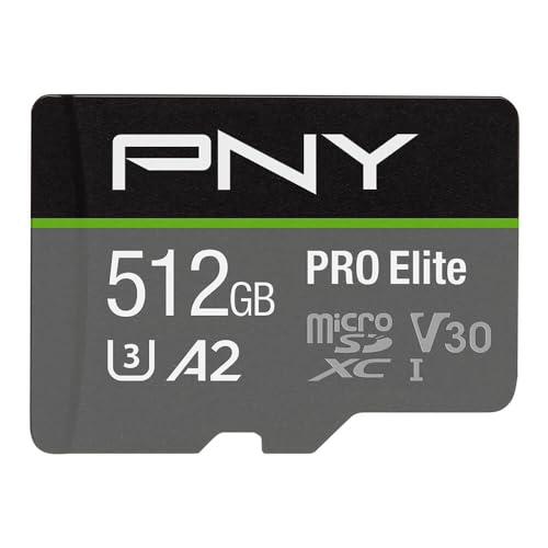 PNY 512GB PRO Elite Class 10 U3 V30 microSDXC Flash Memory Card - 100MB/s, Class 10, U3, V30, A2, 4K UHD, Full HD, UHS-I, micro SD