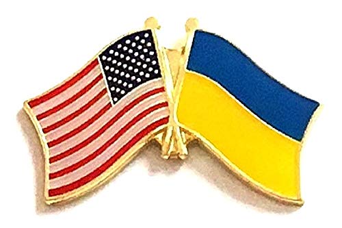 National Country Flag & US Crossed Double Flag Lapel Pins, International & American Friendship Enamel Tie and Hat Pin Badge (Ukraine)