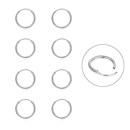 Silver Hoop Earrings- Cartilage Earring Small Hoop Earrings for Women Men Girls,4 Pairs of Hypoallergenic 925 Sterling Silver Tragus Earrings(Silver,8mmx4)