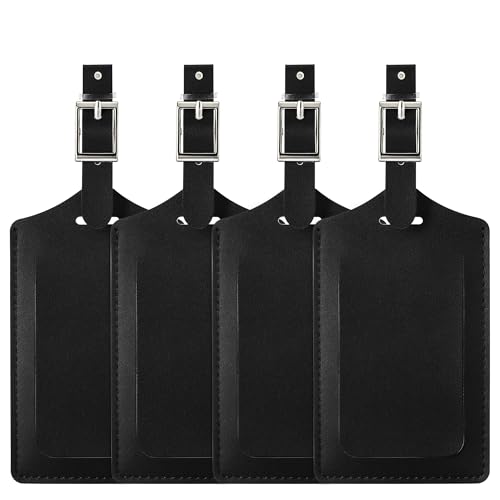 Travelambo 4 Pack Leather Luggage Tags for Suitcases Travel Tags Black