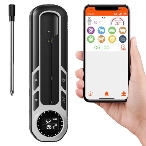 500ft Smart Wireless Meat Thermometer for Grilling, Wireless Thermometer with IP66 Waterproof, Bluetooth Meat Thermometer for Gift, Kitchen, Smoker, BBQ, Oven, Rotisserie | iOS & Android