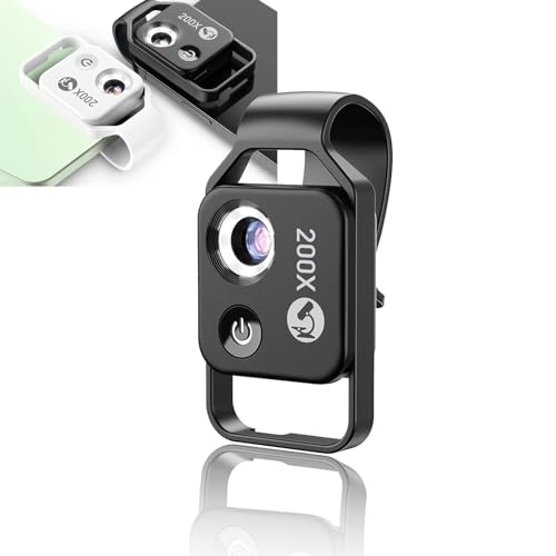 200X Phone Mini Pocket Microscope, Zoom Mobile Phone External Lens, Portable Digital Microscope Camera Attachments, with CPL Lens LED Light, Universal Clip Design (Black)