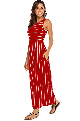 Hount Women's Summer Sleeveless Striped Flowy Casual Long Maxi Dress with Pockets (Red, X-Large)