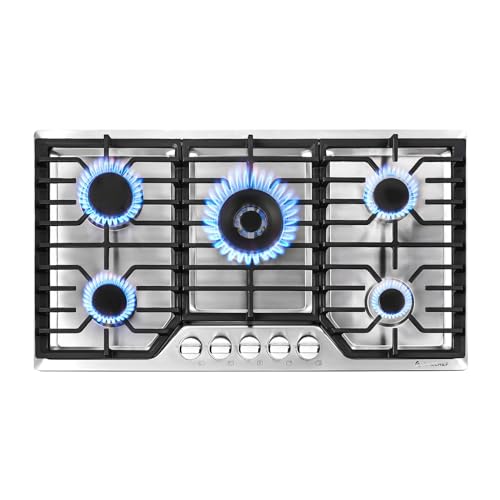 AMZCHEF 36 inch Gas Cooktop with 5 Power SABAF Burners Made in Italy Total 48300 BTU,Built-in Gas Stove top of 304 Stainless steel,Gas Hob NG/LPG Convertible,ETL Certified.