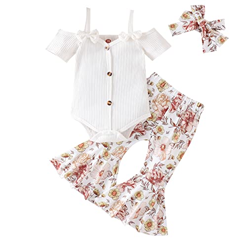 Fernvia Infant Baby Girl Clothes Suspenders Short Sleeve Ribbed Romper Flared Pants Set Headband 3pcs Summer Outfit