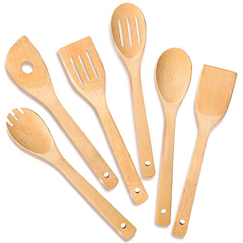 IOOLEEM Bamboo Wooden Spoons for Cooking 6 Pcs 12Inch,Non-Stick Wooden Kitchen Utensils Set,Natural and Durable Wooden Spatula Spoons for Non-Stick Pan for Cooking