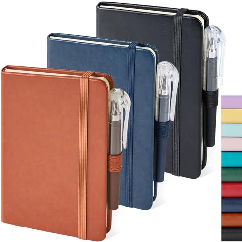 NIRMIRO 3 Pack Pocket Notebook Journals, Small Notepad Notebooks for Note Taking, A6 Mini Note pads with Pen Holder, 408 Lined Pages, 3.7' x 5.7', Black, Brown, Blue