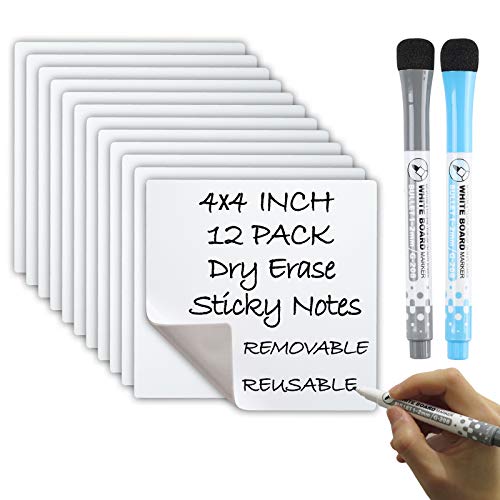 Dry Erase Sticky Notes, Reusable Whiteboard Sticker (4 inch Square 12 Pack), 2 Magnetic fine tip Dry Erase Markers with Eraser, Great for Reminders, Labels, Lists, Eco-Friendly, Recyclable, Washable.