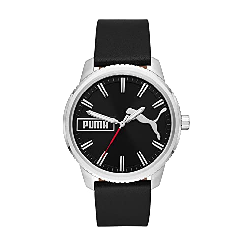 PUMA Men's ULTRAFRESH Stainless Steel Quartz Watch with Leather Strap, Black, 20 (Model: P5081)