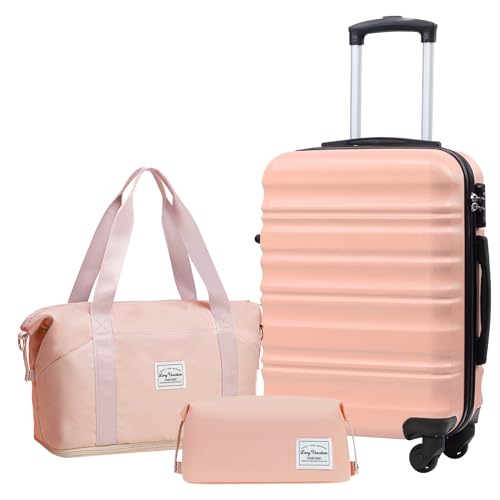 LONG VACATION Luggage Sets 20 IN Carry on Suitcase ABS Handshell Luggage 3 Piece Set with TSA Lock Spinner Wheels (PINK, 20-Inch)