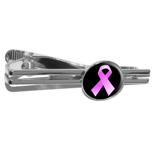 Breast Cancer Pink Ribbon on Black Round Tie Bar Clip Clasp Tack - Silver