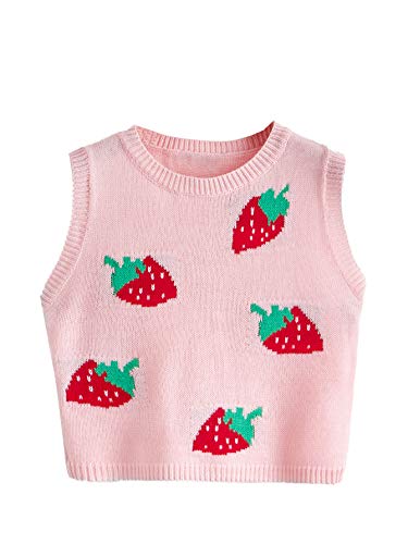 Floerns Women's Sleeveless Round Neck Cute Strawberry Sweater Vest Crop Shirt Top Pink M