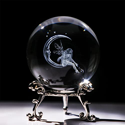 HDCRYSTALGIFTS 60mm(2.3inch) Moon & Fairy Crystal Ball Paperweight 3D Laser Engraved Quartz Glass Ball Sphere Table Decor Crafts