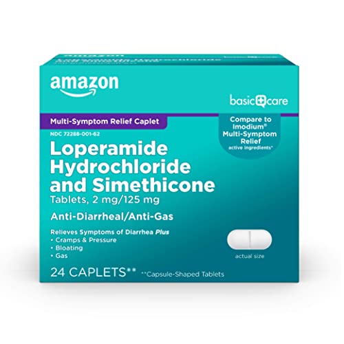 Amazon Basic Care Loperamide Hydrochloride 2 mg and Simethicone 125 mg Tablets, Multi-Symptom, Anti-Diarrhea Medicine, Gas Relief, 24 Count