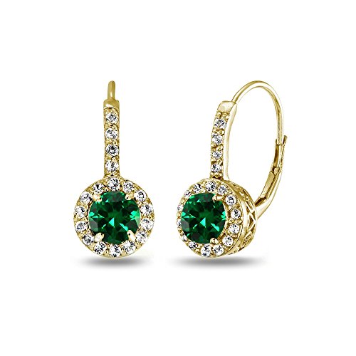 Yellow Gold Flashed Sterling Silver Synthetic Green Quartz & White Topaz Round Halo Drop Leverback Earrings for Women