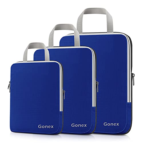 Gonex Compression Packing Cubes,3pcs L+M+S Expandable StorageTravel Bags Luggage Organizers(Indigo)