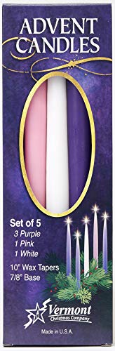 Christmas Advent Candles (Set of 5) - 10' Wax Taper Candles by Vermont Christmas Company - 3 Purple, 1 Pink, 1 White