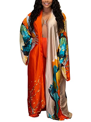 Famnbro Women's Floral Print Satin Robe Kimono Cardigan Open Front Long Cover Ups Outerwear One Size