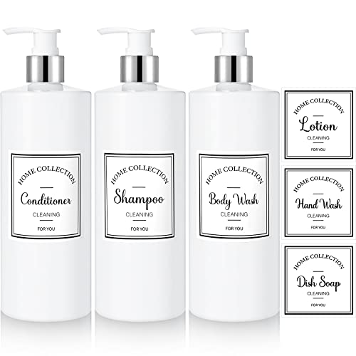 3 Pieces 16oz Pump Bottle Set Shampoo and Conditioner Bottle Plastic Refillable Soap Dispenser Shower Dispenser with 6 Label Sticker for Lotion Body Massage (Silver and White)