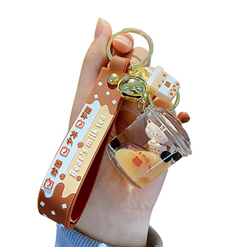 HSYHERE Men Women Creative Interesting Floating Milk Tea Brown Bear Lucky Bottle Keychain Keyrings, Bubble Tea Bear Moving Liquid Sand Car Key Chain Key Ring Bag Pendant Decoration Key Holder -Mug