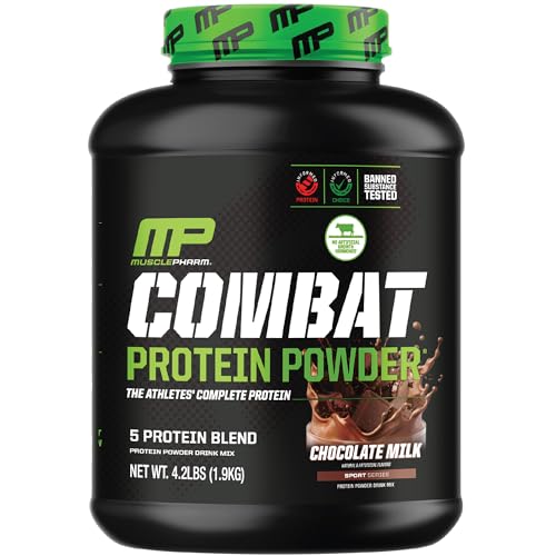 MusclePharm Combat Protein Powder, Chocolate Milk Flavor, Fuels Muscles for Productive Workouts, 5 Protein Sources including Whey Protein Isolate & Egg Albumin, Gluten Free, 4 lb, 52 Servings